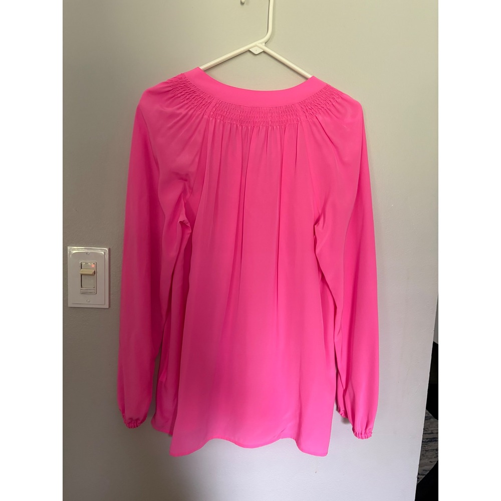 Lilly Pulitzer Elsa Top Neon Pink Silk Smocked V-Neck Blouse Tunic Womens Large - Picture 5 of 7
